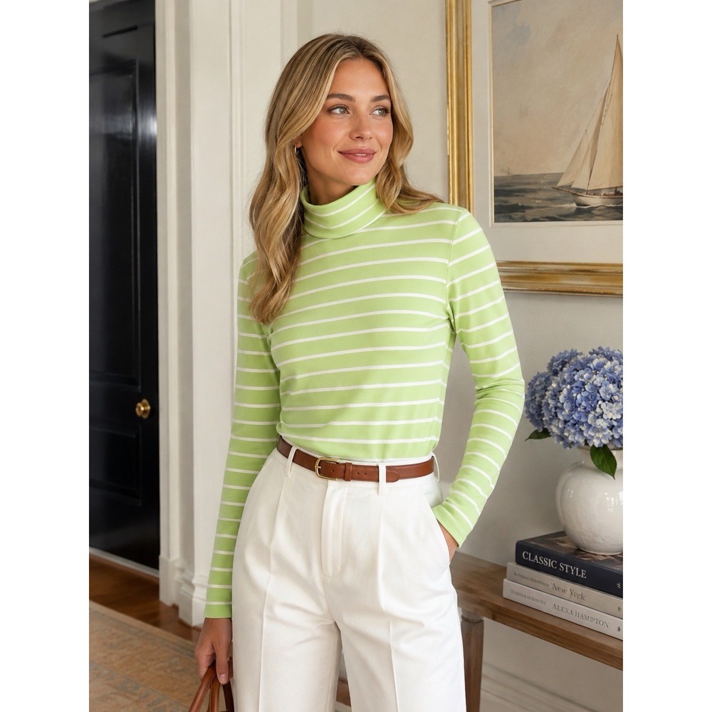 J.Crew Green & White Striped Mock Neck Long-Sleeve Top 100% Cotton L Preppy